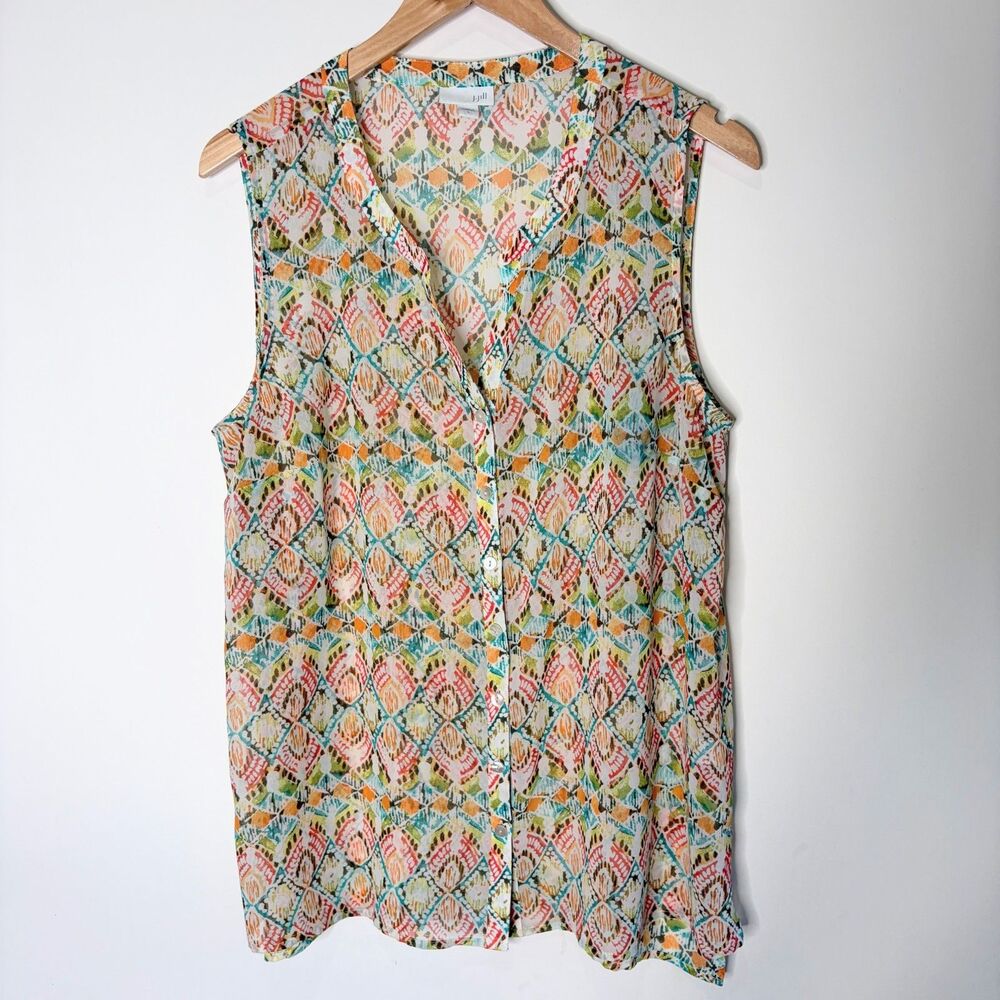 J Jill Tank Top Chiffon Button Up Boho Bohemian Light Weight See Through Women L